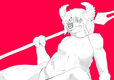 demonic facial_piercing facial_scar female hooves horn looking_at_viewer melee_weapon multi_eye muscular nose_piercing nose_ring piercing polearm ring_piercing scar spear weapon milliepup priestess_(milliepup) bovid bovine caprine cattle demon goat horned_humanoid humanoid hybrid mammal absurd_res hi_res