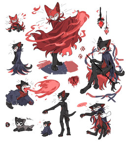 5_fingers ambiguous_gender anthro biped black_body black_eyes black_fur black_nose cloak clothing disembodied_hand ellipsis empty_eyes feral fingers fire fluffy fluffy_tail fur grey_body grey_fur group holding_another holding_object holding_staff inner_ear_fluff lying mouth_closed on_front on_ground open_mouth open_smile pawpads quadruped red_body red_cloak red_clothing red_eyes red_fur simple_background sitting smile sparkles speech_bubble staff standing tail tongue tuft white_background aaasakawa hollow_knight_(franchise) team_cherry grimm_(hollow_knight) grimmchild_(hollow_knight) nightmare_king_grimm_(hollow_knight) felid feline mammal 2026 hi_res