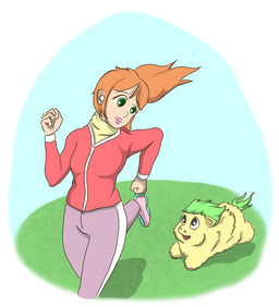 ambiguous_feral ambiguous_gender black_eyes bottomwear clothing duo earbuds electronics eye_contact eyelashes female female_human feral footwear fur grass green_eyes green_hair green_tail hair headphones hooves jacket jogging light_body light_skin lips looking_at_another looking_back looking_back_at_another mouth_closed open_mouth orange_hair pants pink_clothing pink_jacket pink_lips pink_topwear plant purple_bottomwear purple_clothing purple_pants running shoes simple_background sky smile tail topwear yellow_body yellow_fur young young_ambiguous young_feral carpdime fluffy_pony fluffy_pony_(species) human mammal digital_media_(artwork) story story_at_source story_in_description