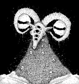 2_horns ambiguous_anthro ambiguous_gender anthro big_eyes black_background collarbone curved_horn fur fur_tuft horizontal_pupils horn horror_(theme) long_neck looking_at_viewer multi_eye nightmare_fuel no_pupils pupils simple_background snout solo text tuft unusual_anatomy unusual_eye_placement felipe_ll._r. elden_ring elden_ring_nightreign fromsoftware libra_creature_of_night bovid caprine caprine_demon demon goat mammal 2025 artist_name black_and_white bust_portrait digital_drawing_(artwork) digital_media_(artwork) high_contrast monochrome portrait