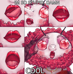amazed antennae_(anatomy) anthro big_eyes black_outline blush bra clothing curly_hair detailed_eyes drag_queen eyebrows eyelashes eyeshadow fake_eyelashes fem-man female fur glistening glistening_eyes glistening_lips gold_(metal) gold_jewelry hair happy heart_necklace huge_eyelashes huge_eyes jewelry lace_bra licking licking_lips lips lipstick long_nails long_nose makeup mane middle_aged necklace open_mouth outline pink_eyes pink_mane pointy_nose purple_eyeshadow red_bra red_clothing red_eyes red_lipstick red_underwear segmented_arms segmented_body six_frame_image smile solo sparkles sparkling_eyes spiral_blush text tongue tongue_out toothless_mouth underwear white_face hollow_knight:_silksong hollow_knight_(franchise) team_cherry trobbio_(hollow_knight:_silksong) animal_humanoid arthropod arthropod_humanoid blood-red_glider butterfly butterfly_humanoid humanoid insect insect_humanoid lepidopteran lepidopteran_humanoid comic english_text male_(lore)