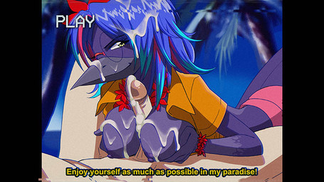 accessory aloha_shirt anthro arched_back areola beach beak between_legs big_breasts blue_hair bodily_fluids bottomwear bracelet breast_play breast_squeeze breasts clothed clothing collared_shirt crt_effect cum cum_between_breasts cum_covered cum_drip cum_dripping_from_penis cum_in_hair cum_on_beak cum_on_body cum_on_breasts cum_on_chest cum_on_face cum_on_feathers cum_on_hand cum_on_nipples cum_on_penis cum_on_self cum_trail dialogue dripping duo erection exposed_breasts eyebrows eyelashes eyewear feathers female fingers flower flower_bracelet flower_garland flower_in_hair genital_fluids genitals glasses hair hair_accessory hand_on_breast hotpants human_on_anthro interspecies jewelry lei looking_at_viewer male male/female messy multicolored_body multicolored_feathers multicolored_hair nipples nude open_clothing open_shirt open_topwear outside palm_tree partially_clothed pattern_clothing pattern_shirt pattern_topwear penile penis penis_between_breasts plant porn_dialogue pressing_breasts_together purple_body purple_feathers purple_nipples sea seaside seductive sex sex_on_the_beach shirt shorts smile smiling_at_viewer solo_focus spread_legs spreading squeezing sunglasses tail tail_feathers text titfuck topwear tree two_tone_body two_tone_feathers vhs_filter water wearing_glasses yellow_eyes dirtyero soli_(textingpenguin18) avian bird corvid corvus_(genus) crow human mammal oscine passerine 2026 digital_drawing_(artwork) digital_media_(artwork) english_text