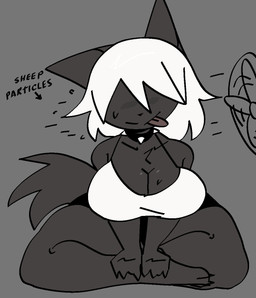 anthro big_breasts black_bottomwear black_clothing black_shorts black_text bodily_fluids bottomwear breasts cleavage clothed clothed_anthro clothed_female clothing collar collarbone directional_arrow electric_fan female female_anthro front_view fur grey_background grey_body grey_ears grey_fur grey_tail hair shorts simple_background sitting solo spiked_collar spikes sweat sweatdrop tail text thick_thighs tongue tongue_out topwear white_clothing white_hair white_topwear xarop77 girlsmell_particles sheep_(xarop77) canid canine canis mammal wolf digital_drawing_(artwork) digital_media_(artwork) english_text full-length_portrait handwritten_text hi_res portrait