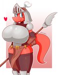 2017 anthro armor artist_name big_breasts blue_eyes bottomwear breastplate breasts clothing digital_media_(artwork) female headgear heart_symbol helmet hi_res huge_breasts knight lance legwear lizard loincloth melee_weapon outline polearm red_body red_knight_(sirphilliam) reptile scalie shoulder_pads simple_background smile solo thegentlebro thick_thighs warrior weapon white_outline