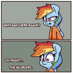 blue_body border female grey_background open_mouth pink_eyes prison_uniform prisoner simple_background solo text white_border wings louvely friendship_is_magic hasbro my_little_pony mythology rainbow_dash_(mlp) equid equine mammal mythological_creature mythological_equine pegasus 1:1 comic english_text hi_res