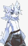 ambiguous_gender anthro belt blue_body blue_eyes blue_fur bottomwear clothed clothing fur horn simple_background skinny tattoo topless white_body white_fur kiukiu sunya_(kiukiu) unknown_species 5:8 cool_colors hi_res