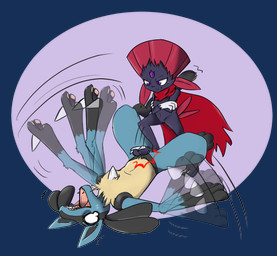 3_toes ambiguous_gender anthro ballbusting cape claws clothing cock_and_ball_torture dominant duo feet foot_fetish genital_torture male open_mouth pseudo_clothing simple_background toe_claws toes transparent_background nintendo pokemon liz_the_weavile generation_4_pokemon lucario pokemon_(species) weavile alpha_channel