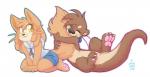 ambiguous_gender anthro big_eyes duo eyes_closed fluffy fluffy_tail hug nude tail tail_grab tail_hug onnanoko domestic_cat felid feline felis mammal mustelid otter 2014 digital_media_(artwork) shaded