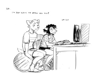 anthro ball bottomwear chair clothing computer desk dialogue duo electronics exercise_ball eye_bags eyewear female furniture glasses male on_chair shorts sitting sitting_on_ball sitting_on_chair table text hladilnik daniel_(hladilnik) marylin_(hladilnik) american_opossum canid canine canis mammal marsupial virginia_opossum wolf 2026 black_and_white english_text hi_res monochrome