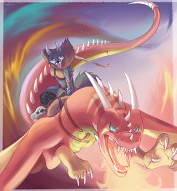 accessory anthro armor battle blood bodily_fluids clothed clothing duo female feral fire fur horn membrane_(anatomy) membranous_wings mount rider riding saddle simple_background tail weapon wings sanssouci european_mythology mythology niruen_(blackinkwolf) yuki_(blackinkwolf) canid canine canis dragon mammal mythological_creature mythological_scalie scalie western_dragon wolf hi_res