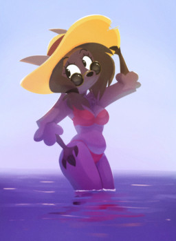 anthro belly big_butt big_hat bikini biped brown_hair butt clothing detailed_background eyewear female fingers fur grey_body grey_fur hair hooved_fingers hooves looking_aside partially_submerged solo summer_hat sunglasses swimwear two-piece_swimsuit water wearing_sunglasses wide_hips pusszone bovid caprine mammal sheep 2025 hi_res