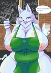 4_fingers anthro apron apron_only areola big_breasts bodily_fluids breasts cleavage clothed clothing container cup curvy_figure dialogue female female_anthro fingers fur green_apron green_clothing green_eyes holding_container holding_cup holding_object holding_pen huge_breasts inside kemono lactating lactating_through_clothing looking_at_viewer mostly_nude nipple_slip nipples open_mouth pen slightly_chubby solo speech_bubble sweat sweatdrop text thick_thighs voluptuous wet wet_clothing white_body white_fur wide_hips cocolog i_mean_breast_milk roko_(cocolog) canid canine canis mammal wolf absurd_res english_text hi_res meme signature