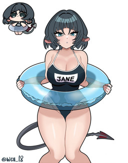 big_breasts black_hair breasts chibi chibi_inset clothing ear_piercing ear_stud eyelashes female glistening glistening_thighs green_eyes hair inflatable inner_tube one-piece_swimsuit piercing short_hair solo swimwear tail wide_hips wgh18 mihoyo zenless_zone_zero jane_doe_(zenless_zone_zero) animal_humanoid humanoid mammal mammal_humanoid murid murid_humanoid murine murine_humanoid rat_humanoid rodent rodent_humanoid 2025 hi_res
