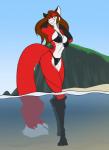 anthro arms_above_head beach big_breasts big_tail bikini breasts brown_eyes brown_hair cleavage clothed clothing female fur hair legs_in_water long_hair long_tail looking_at_viewer partially_submerged red_body red_fur seaside seductive smile submerged_legs submerged_tail swimming swimwear tail tail_in_water thick_thighs two-piece_swimsuit water waterline_view wide_hips toughset kaia_morgan canid canine fox mammal 2017 hi_res