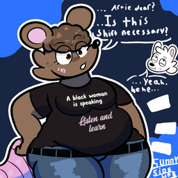 abstract_background anthro belly belly_overhang belt black_clothing black_shirt black_topwear blush bottomwear brown_body brown_eyes brown_fur brown_hair clothing curly_hair denim denim_bottomwear denim_clothing dialogue duo ellipsis eye_through_hair eyebrow_through_hair eyebrows eyelashes facial_tuft female female_focus fur hair hand_on_hip head_only jeans male open_mouth outline overweight overweight_anthro overweight_female pants question round_ears shirt short_hair smile solo_focus speech_bubble standing tail text text_on_clothing text_on_topwear thick_tail thick_thighs topwear translucent translucent_hair tuft white_body white_fur white_outline wide_hips sunnysideupe meme_clothing normalsville artie_(normalsville) zola_(normalsville) lagomorph leporid mammal murid murine rabbit rat rodent 1:1 2026 absurd_res artist_name hi_res meme shaded signature