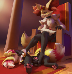 alternate_color anthro anthro_on_anthro balls biped bodily_fluids chastity_cage chastity_device claws dominant dominant_male duo erection evolutionary_family feet fingers foot_fetish foot_lick foot_on_balls foot_play fur genitals licking lying male male/male nude nude_anthro nude_male on_back paws penis pokeball pokeball_chastity_cage saliva sitting smile tail teeth toes tongue trigaroo lockball nintendo pokemon chi_(mischiefmaster) grey_(dgbraixen) braixen delphox generation_6_pokemon pokemon_(species) 2026 absurd_res digital_drawing_(artwork) digital_media_(artwork) hi_res