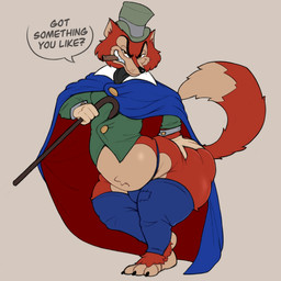 anthro belly big_butt black_nose bulge butt cigar clothing fur hat headgear headwear male red_body red_fur slightly_chubby slightly_chubby_male solo thick_thighs top_hat whiskers indigested_omelette disney pinocchio "honest"_john_foulfellow canid canine fox mammal hi_res