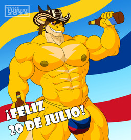 5_fingers abs alcohol anthro areola balls_outline beer beer_bottle beverage biceps big_bulge big_muscles biped bottle brown_hair bulge clothed clothing colombian_flag container countershade_torso countershading detailed_bulge fingers flag flag_clothing front_view genital_outline grin hair hat headgear headwear holding_beverage holding_bottle holding_container holding_object horn huge_muscles humanoid_hands looking_at_viewer male male_anthro markings multicolored_body multicolored_clothing multicolored_scales muscular muscular_anthro muscular_male navel nipples non-mammal_nipples pecs penis_outline quads red_eyes scales simple_background smile solo speedo spikes spikes_(anatomy) standing swimwear tail teeth text thong topless topless_anthro topless_male two_tone_body two_tone_scales underwear yellow_body yellow_clothing yellow_scales yellow_underwear wolfe_fubuki european_mythology mythology kent_izumi dragon mythological_creature mythological_scalie reptile scalie western_dragon wingless_dragon digital_drawing_(artwork) digital_media_(artwork) hi_res portrait signature spanish_text three-quarter_portrait watermark