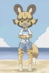 adolescent alternate_species anthro bangs beach bottomwear clothed clothing cloud detailed_background duo eyebrows female fully_clothed fur furrification hair looking_at_viewer outside sea seaside shirt short_hair short_sleeves shorts sky standing topwear water yellow_eyes young harunatuakifuyu kemono_friends african_wild_dog_(kemono_friends) african_wild_dog canid canine felid lucky_beast mammal hi_res