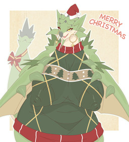 anthro bedroom_eyes big_breasts big_nipples breasts christmas_clothing christmas_headwear clothing ear_piercing ear_ring female green_body green_scales hat headgear headwear holidays hoop_ear_ring huge_breasts hyper hyper_breasts merry_christmas mole_under_eye narrowed_eyes nipple_outline nipples piercing ring_piercing santa_hat scales scarf seductive solo tail thick_tail thick_thighs wide_hips yellow_eyes showfran capcom christmas monster_hunter mythology dragon flying_wyvern mythological_creature mythological_scalie rath_wyvern rathian scalie absurd_res hi_res