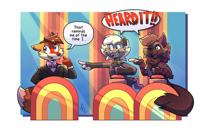 anthro bean blue_eyes bow_tie brown_body brown_fur brown_hair buzzer buzzing clothing collar comical competition dialogue fingerless_(marking) fluffy fur game_show game_show_contestant game_show_host gesture green_eyes grey_body grey_fur group hair hand_gesture happy heard humor light light_beam looking_at_another looking_away male one_eye_closed open_mouth orange_body orange_fur partners piercing podium pointing pointing_at_another purple_body purple_fur red_body red_fur remembering romantic romantic_couple silly smile speech_bubble stipes storytelling suit sunbeam sunlight tail teeth thinking tongue trio white_body white_fur white_hair wink ffccomic collegehumor dropout game_changer_(dropout) ferox_(feroxdoon) xander_(barleychee) american_opossum canid canine fox hyena mammal marsupial red_fox striped_hyena true_fox virginia_opossum digital_media_(artwork) hi_res nonbinary_(lore)