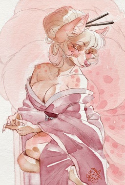 accessory anthro asian_clothing biped blush breasts brushing_tail claws cleavage clothed clothing cream_hair east_asian_clothing exposed_shoulder eyes_closed female finger_claws fur hair hair_accessory hair_sticks inner_ear_fluff japanese_clothing kimono lounging markings multi_tail multicolored_tail personal_grooming pink_body pink_fur pink_nose rear_view smile solo spots spotted_body spotted_fur spotted_markings tail tan_body tan_fur tuft durtyanko nintendo pokemon sasha_valiski fox_spirit generation_1_pokemon ninetales pokemon_(species) 2025 hi_res painting_(artwork) pink_theme portrait three-quarter_portrait watercolor_(artwork)