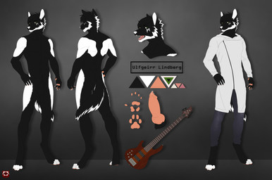 4_toes 5_fingers animal_genitalia animal_penis anthro balls bass_guitar black_balls black_body black_butt black_ears black_fur black_sheath black_tail bodily_fluids butt canine_genitalia canine_penis claws clothed clothing digitigrade feet finger_claws fingers fully_sheathed fur genital_fluids genitals green_eyes guitar hand_on_hip knot leg_markings male markings multicolored_body multicolored_fur musical_instrument nude open_mouth paws penis pink_knot pink_penis plucked_string_instrument pose precum sheath socks_(marking) solo standing string_instrument tail teeth toe_claws toes two_tone_body two_tone_fur white_body white_fur white_inner_ear white_nose white_tail shen_shepa ulfgeirr_lindberg canid canine canis mammal wolf 2021 absurd_res hi_res model_sheet