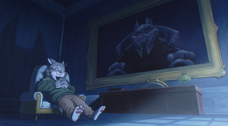 anthro bottomwear clothed clothing fur grey_body grey_fur inside male pants pawpads solo sweater topwear yellow_eyes vish4ow disney zootopia milton_lynxley pawbert_lynxley canada_lynx felid feline lynx mammal hi_res