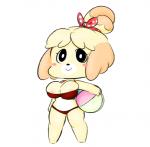 anthro ball beach_ball big_breasts bikini blush breasts clothed clothing female fur hair inflatable nipples simple_background smile solo swimwear two-piece_swimsuit yellow_body yellow_fur vallycuts animal_crossing nintendo isabelle_(animal_crossing) canid canine canis domestic_dog mammal shih_tzu toy_dog low_res