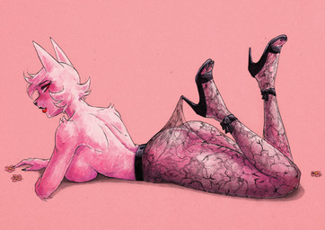 anthro black_nails breasts clothing clothing_pull colored_nails female fishnet_clothing fishnet_legwear fishnet_pantyhose flower footwear hair high_heels legs_up legwear legwear_pull lingerie lips looking_back lying mature_female nails on_front pantyhose pantyhose_pull pink_body plant shoes side_boob solo tuft paisleyrose103 hooked_on_heel_(trend) pink_among_blood_red_roses cybeles_paisley canid canine canis mammal wolf absurd_res hi_res painting_(artwork) traditional_media_(artwork) watercolor_(artwork)