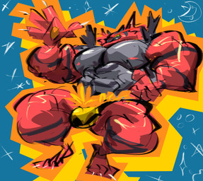 abstract_background anthro barazoku biceps big_muscles clothing gesture huge_muscles male muscular muscular_male pecs solo thong underwear waving waving_at_viewer wetyuip nintendo pokemon generation_7_pokemon incineroar pokemon_(species) absurd_res hi_res