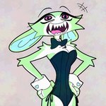 anthro bow_tie breasts clothed clothing corset cuffs_(clothing) fangs female fur green_body green_fur leotard lingerie noseless open_mouth purple_eyes simple_background smile solo teeth topwear uvula 20daysapple minti_(20daysapple) lagomorph leporid mammal rabbit 1:1 2025 digital_media_(artwork)