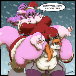 anthro belly big_breasts blue_eyes bottomwear breasts bulge christmas_clothing christmas_headwear clothing costume deep_navel duo eyewear fake_nose female fur garter_belt garter_straps glasses grey_body grey_fur hair hat headgear headwear holidays huge_breasts huge_thighs legwear male multicolored_body multicolored_fur navel navel_outline obese obese_anthro obese_female orange_hair overweight overweight_anthro overweight_female overweight_male pink_body pink_fur pink_hair santa_costume santa_hat snow stockings thick_thighs two_tone_body two_tone_fur deonwolf bandai_namco christmas digimon arianna_(oliver) oliver_(oliver) canid canine digimon_(species) fox mammal renamon 1:1 2018 digital_media_(artwork) hi_res