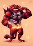 abs anthro biceps fur male muscular muscular_anthro muscular_male nipples pecs red_body red_fur simple_background solo teeth thediyemi nintendo pokemon felid generation_7_pokemon incineroar mammal pokemon_(species) hi_res