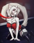 anthro blue_eyes clothed clothing female fur leash lingerie looking_at_viewer seductive skimpy solo whiskers white_body white_fur aimi winter_night domestic_cat felid feline felis mammal digital_media_(artwork) hi_res shaded