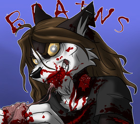 blood bodily_fluids brain brown_hair ear_piercing female gore hair organs piercing solo teeth text yellow_eyes supinhas undead zombie english_text