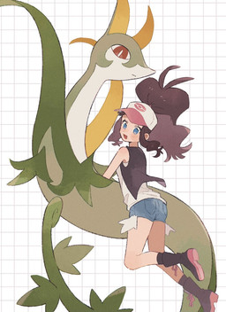 ambiguous_gender blue_eyes blush blush_lines bottomwear brown_hair butt clothing duo eyelashes female feral footwear green_body hair hat headgear headwear open_mouth red_eyes shoes shorts simple_background himetya105 nintendo pokemon hilda_(pokemon) generation_5_pokemon human mammal pokemon_(species) reptile scalie serperior snake 2025 hi_res