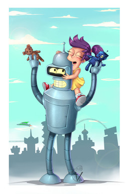 city clothing dress eyes_closed female group hair happy machine male plushie purple_hair teddy_bear trio yellow_clothing yellow_dress missfuturama comedy_central futurama bender_bending_rodríguez fan_character human humanoid mammal robot robot_humanoid digital_media_(artwork) hi_res