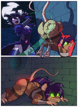 anthro arm_wraps armor black_hair bodily_fluids breasts brown_body brown_fur butt butt_slap chest_wraps cleavage clothed clothing crop_top curved_horn duo fangs feet female foot_wraps fur glowing glowing_eyes hair horn humanoid_pointy_ears open_mouth open_smile pointy_ears purple_body purple_hair purple_skin shirt slap smile soles tan_body tan_skin tears teary_eyes teeth thong toes topwear unconvincing_armor underwear wide_eyed wraps naughtyjester warhammer_(franchise) demon demon_humanoid humanoid mammal rodent skaven absurd_res hi_res