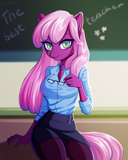 anthro breasts chalkboard classroom clothing eyewear female glasses information_board school smile solo yutakira92 friendship_is_magic hasbro my_little_pony cheerilee_(mlp) equid equine horse mammal absurd_res hi_res