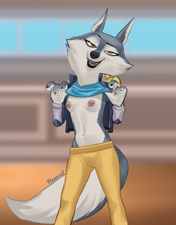 4_fingers anthro areola blue_clothing blue_shirt blue_topwear blurred_background bottomwear breasts clothed clothing clothing_lift countershade_face countershade_fur countershade_torso countershading exhibitionism fangs female fingers flashing flashing_breasts fluffy fluffy_tail front_view fur grey_body grey_fur grey_tail half-closed_eyes jacket looking_at_viewer multicolored_body multicolored_fur narrowed_eyes navel nipple_piercing nipples open_clothing open_jacket open_mouth open_smile open_topwear pants piercing pink_areola pink_nipples red_tongue shirt shirt_lift slim small_breasts smile smiling_at_viewer solo standing tail teeth text tongue topwear two_tone_body two_tone_fur white_body white_countershading white_fur yellow_bottomwear yellow_clothing yellow_eyes yellow_pants hexecat illumination_entertainment sing_(movie) porsha_crystal canid canine canis mammal wolf absurd_res artist_name digital_media_(artwork) digital_painting_(artwork) hi_res painting_(artwork) portrait shaded simple_shading three-quarter_portrait