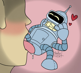 ambiguous/ambiguous ambiguous_gender ambiguous_oral blush bodily_fluids duo eyes_closed heart_symbol larger_ambiguous larger_human licking not_furry plushie red_heart saliva size_difference smaller_ambiguous stitch_(sewing) strategically_placed_hole tongue negaposi comedy_central futurama bender_bending_rodríguez animate_inanimate human living_plushie mammal 2026 hi_res male_(lore)