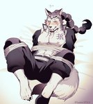 abs blush bound clothed clothing eyewear facial_hair hair male muscular muscular_male nipples open_clothing open_shirt open_topwear pecs scar shirt simple_background solo sunglasses topwear foxvulpine one_piece jabra_(one_piece) canid canine canis mammal wolf