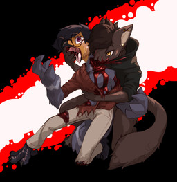 ambiguous_gender anthro beak bite blood blood_on_clothing blood_on_face bodily_fluids clothing duo excessive_blood eyewear feathers glasses gore hard_vore male neck_bite scratches torn_clothing vore chalk_outline avian bird domestic_cat felid feline felis mammal hi_res