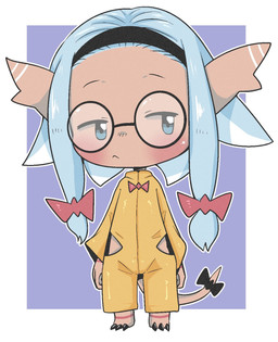 accessory anthro blue_hair blush bow_ribbon bow_tie claws clothed clothing eyewear female furgonomics glasses hair hair_accessory hair_bow hair_ribbon hairband jumpsuit looking_away pigtails pink_body ribbons simple_background solo tail tail_accessory tail_bow tail_ribbon young young_anthro doneru nakonita_(doneru) hi_res