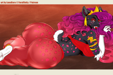 anthro arm_accessory big_breasts big_butt black_body black_fur bra breasts butt clothing cosplay crown eyeshadow feet female fluffy fluffy_hair fur hair harem_outfit headgear huge_butt leopard_spots lips makeup nub_tail paws purple_hair red_eyes red_eyeshadow red_lips small_waist solo spots strapless_bra strapless_clothing strapless_underwear thick_lips thong translucent translucent_clothing underwear white_feet white_hands wide_hips lunabara disney disney's_aladdin princess_jasmine_(disney) rosa_(zenaita) felid mammal prehistoric_species saber-toothed_tiger letterbox