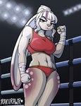 abs anthro bandaged_hand big_breasts box breasts container female fighting_ring hair long_ears low-angle_view serious_face solo sport sportswear thick_thighs tied_hair wide_hips rakurawr lagomorph leporid mammal rabbit hi_res