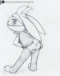 anthro anus big_ears blush butt clothed clothing female genitals partially_clothed presenting pussy solo standing text yang_(artist) nintendo pokemon generation_8_pokemon lagomorph leporid mammal pokemon_(species) raboot sketch url