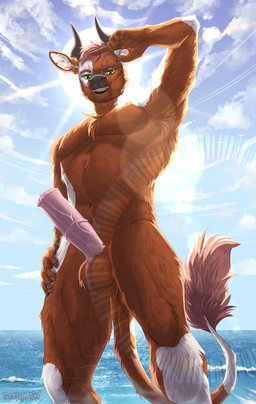 abs animal_genitalia animal_penis anthro armpit_hair body_hair brown_body ear_piercing equine_genitalia equine_penis erection eyebrow_piercing eyebrows facial_piercing genitals green_eyes hand_on_head horn light male mismatched_animal_genitalia mismatched_animal_penis mismatched_genitalia mismatched_penis nose_piercing nude penis piercing presenting sea seaside smile solo sun sunlight tail water seraphimka bovid bovine cattle mammal absurd_res hi_res