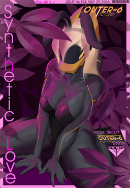 anthro bunny_costume clothing costume dark_body dark_skin fake_ears fake_rabbit_ears female glowing glowing_hair hair magazine outer-6 pose sitting sitting_on_ground solo synthetic text visor white_hair moldb_x humanoid lizard reptile scalie english_text hi_res
